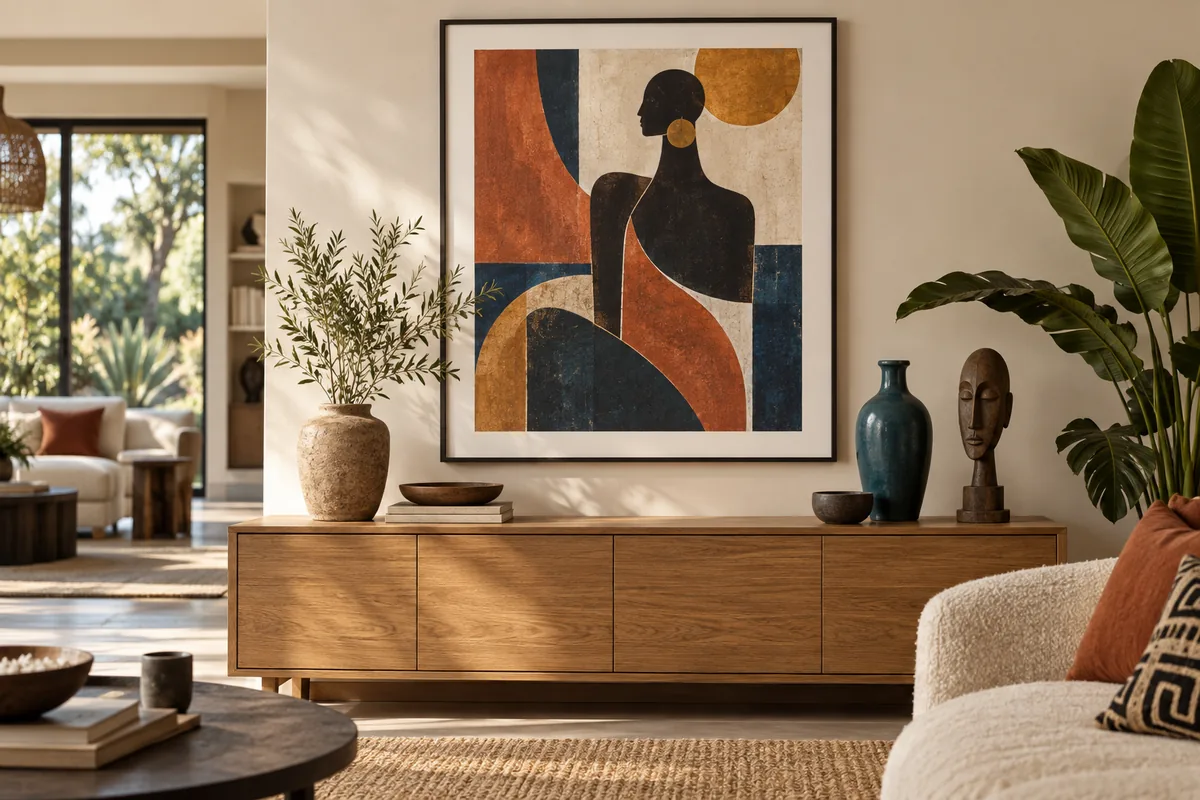 Illustration d’un salon avec une composition encadrée aux tons ocre, terracotta et indigo, inspirée de l’art africain contemporain