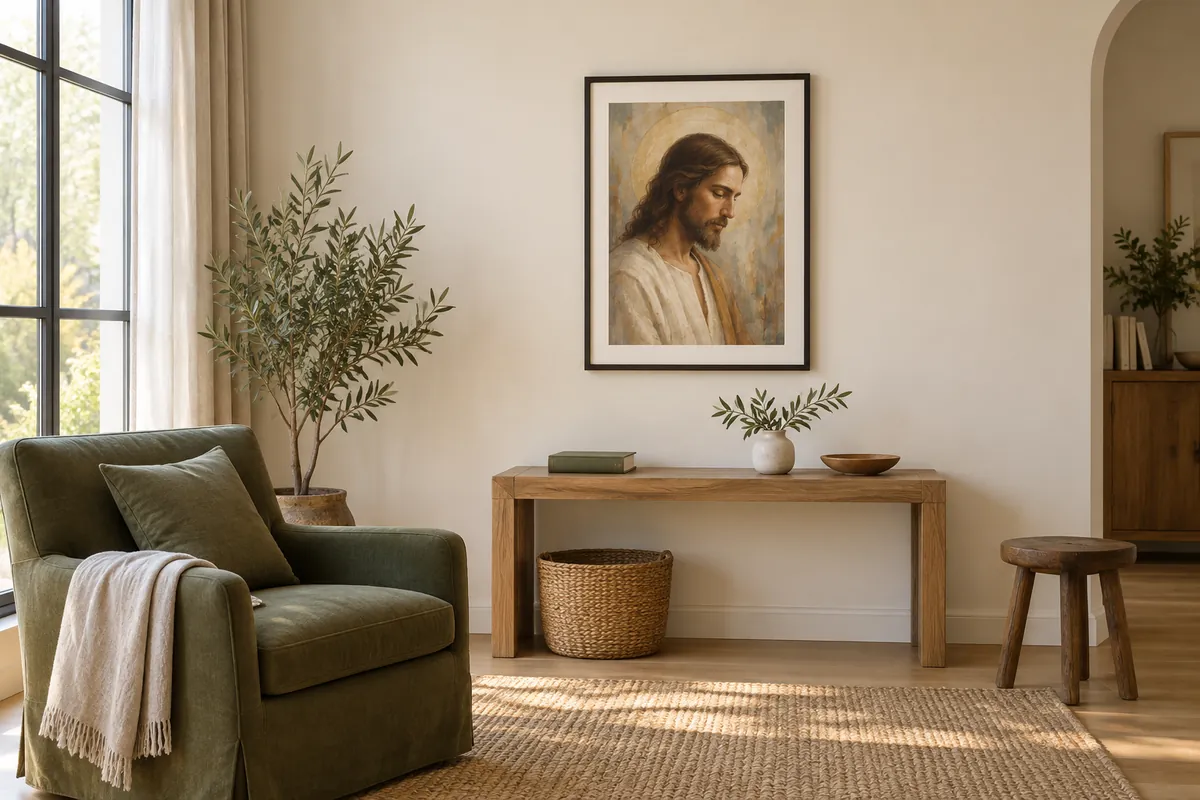Portrait du Christ encadré dans un coin de recueillement aux tons naturels avec bougie et livre