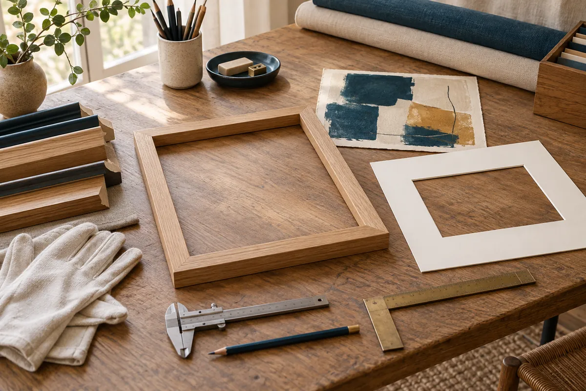 Établi d’encadrement avec outils de précision, cadre en bois, passe-partout et œuvre sur papier