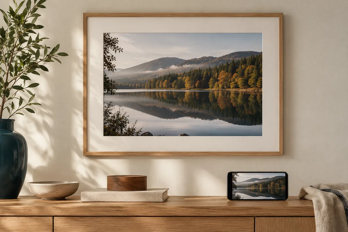 Un paysage de lac affiché sur un téléphone et mis en scène dans un cadre en bois