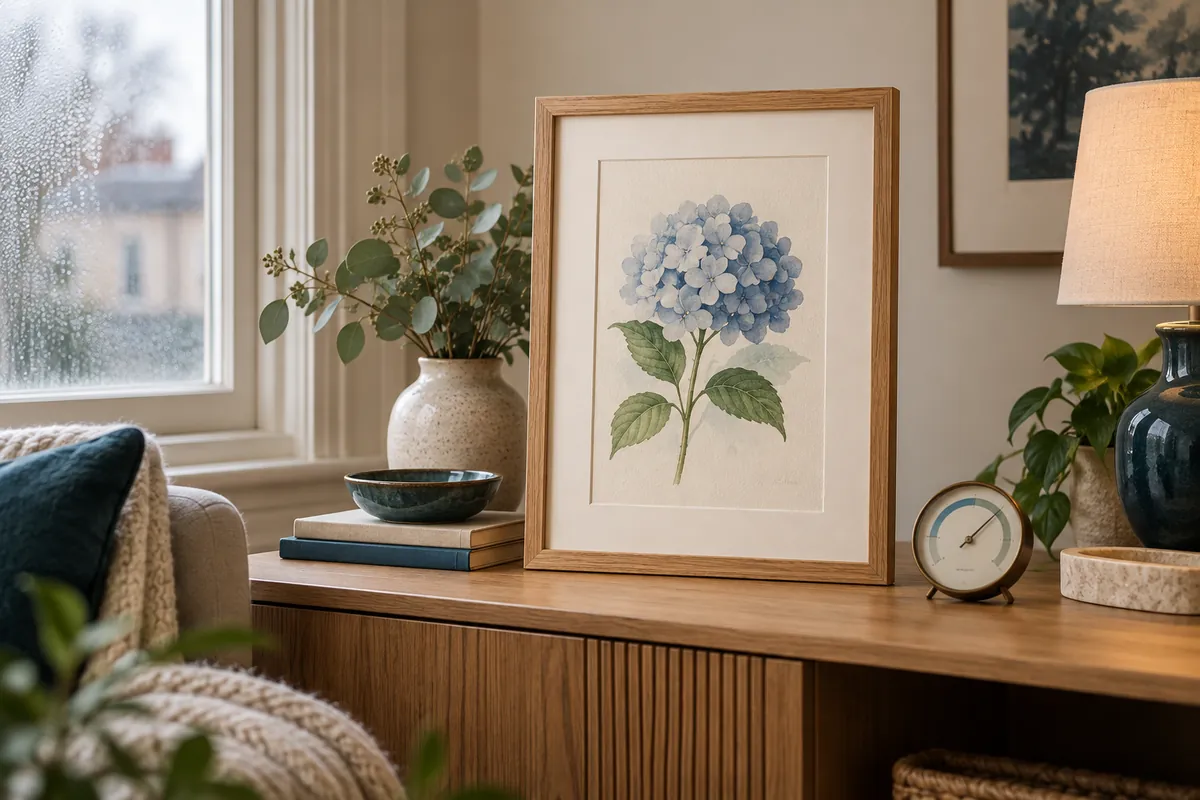 Aquarelle botanique encadrée près d’un hygromètre et d’une fenêtre avec condensation